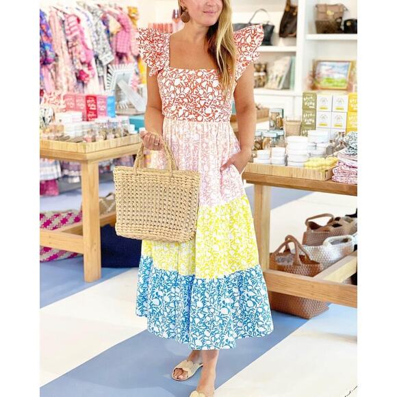 Oliphant Dresses & Skirts - NWT Oliphant Size XS Flirty Flutter Sleeves Tie Back Maxi Dress Canary Multi